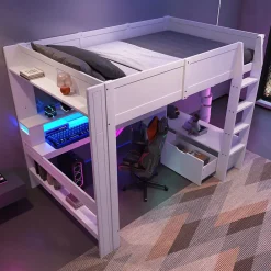 Okwish Lit mezzanine 140x200 cm - Lit avec bureau intégré et LED 16 s - Pin et MDF - Sans matelas - Blanc* Lit Mezzanine