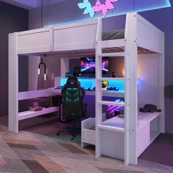 Okwish Lit mezzanine 140x200 cm - Lit avec bureau intégré et LED 16 s - Pin et MDF - Sans matelas - Blanc* Lit Mezzanine