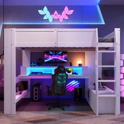 Okwish Lit mezzanine 140x200 cm - Lit avec bureau intégré et LED 16 s - Pin et MDF - Sans matelas - Blanc* Lit Mezzanine