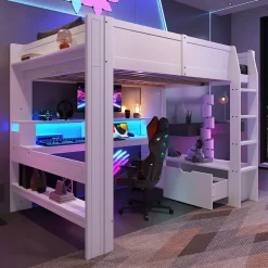 Okwish Lit mezzanine 140x200 cm - Lit avec bureau intégré et LED 16 s - Pin et MDF - Sans matelas - Blanc* Lit Mezzanine