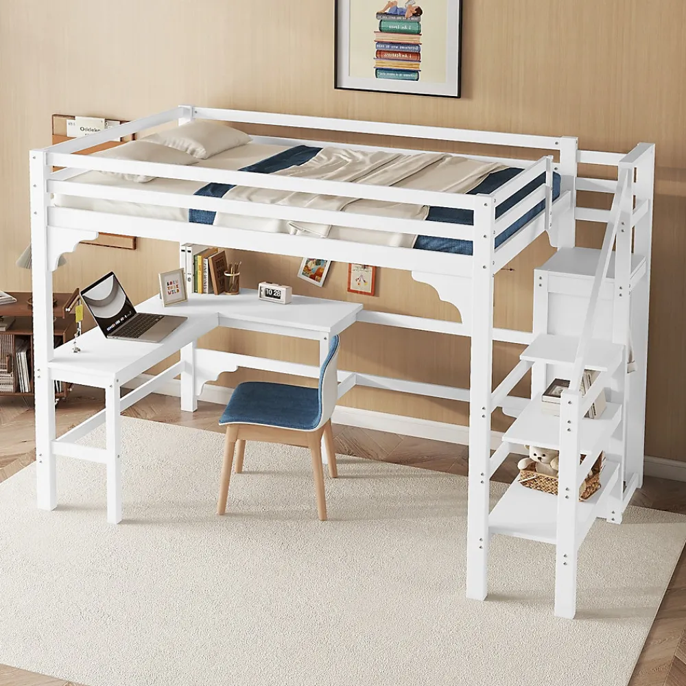 Lit Mezzanine 140x200 cm - Lit Combiné avec Bureau et Armoire ouverte, Lit Junior en Bois, Sans Matelas - Blanc>Okwish Discount