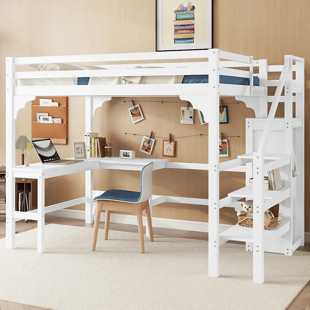 Lit Mezzanine 140x200 cm - Lit Combiné avec Bureau et Armoire ouverte, Lit Junior en Bois, Sans Matelas - Blanc>Okwish Discount