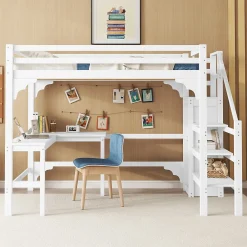 Lit Mezzanine 140x200 cm - Lit Combiné avec Bureau et Armoire ouverte, Lit Junior en Bois, Sans Matelas - Blanc><noscript><img width=