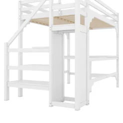 Lit Mezzanine 140x200 cm - Lit Combiné avec Bureau et Armoire ouverte, Lit Junior en Bois, Sans Matelas - Blanc><noscript><img width=