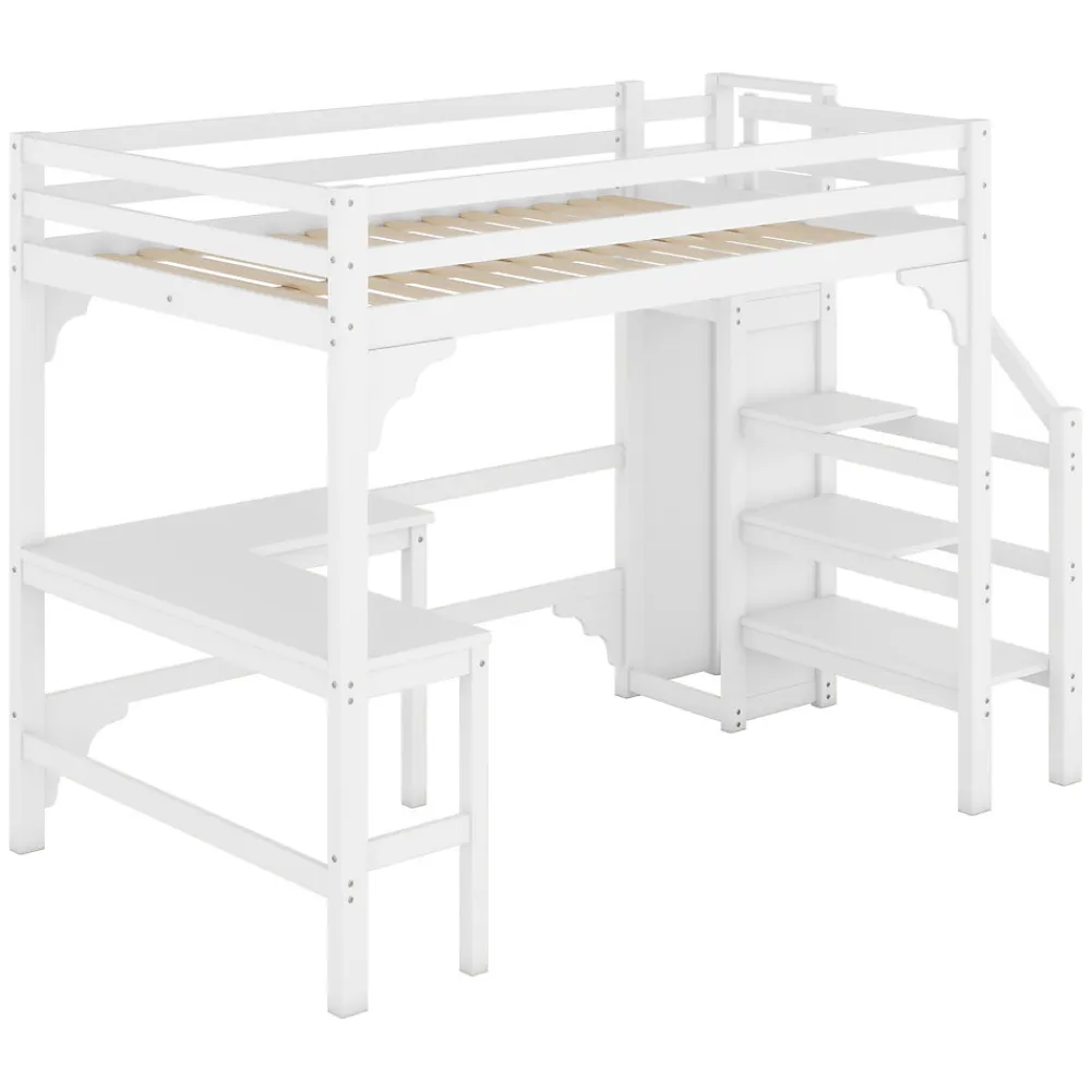 Lit Mezzanine 140x200 cm - Lit Combiné avec Bureau et Armoire ouverte, Lit Junior en Bois, Sans Matelas - Blanc>Okwish Discount