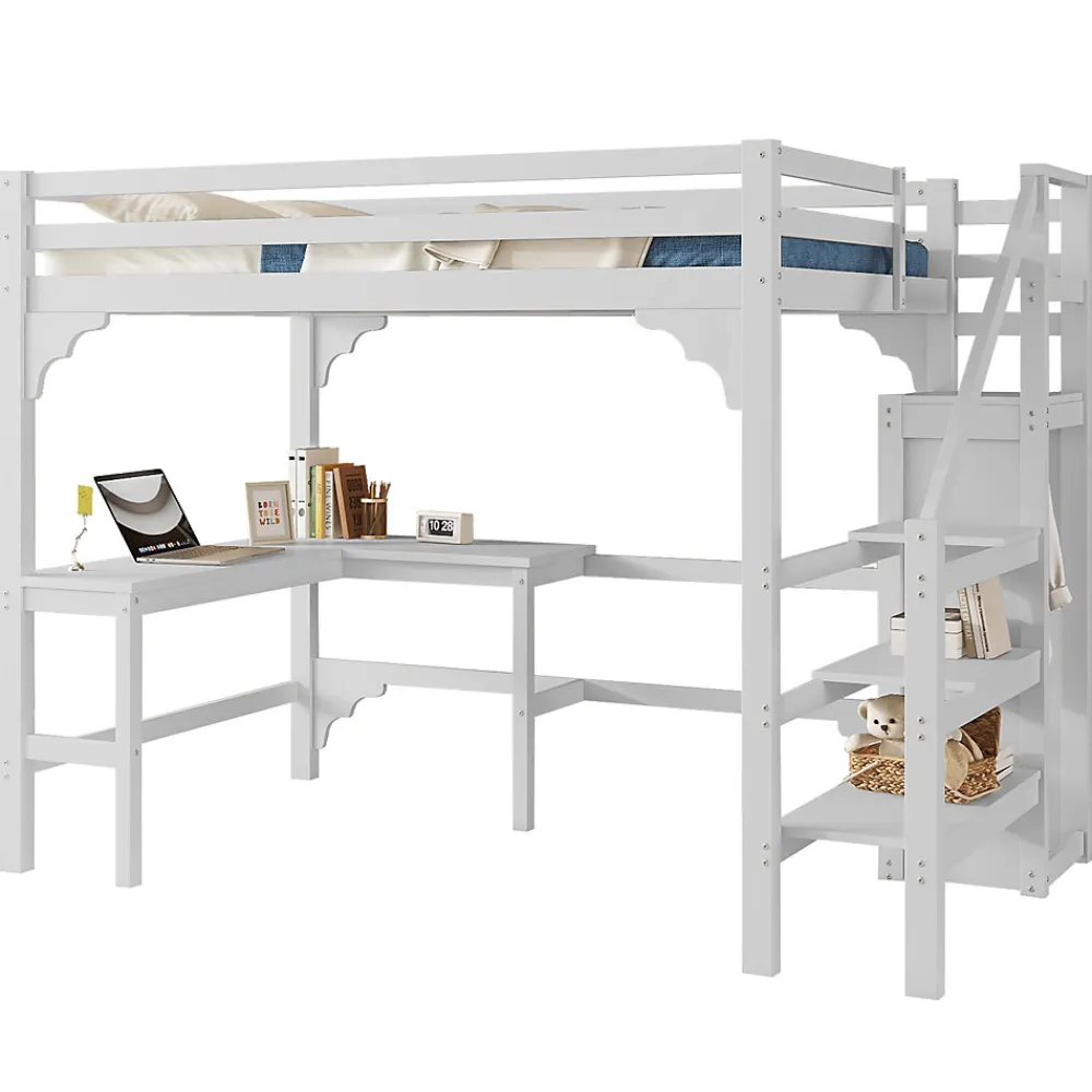 Lit Mezzanine 140x200 cm - Lit Combiné avec Bureau et Armoire ouverte, Lit Junior en Bois, Sans Matelas - Blanc>Okwish Discount