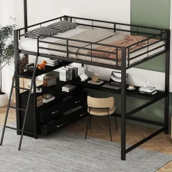 Lit Mezzanine 140x200 cm - Lit Double avec Bureau en L et Rangements Intégrés - Métal + MDF - Sans Matelas - Noir>Generique Outlet