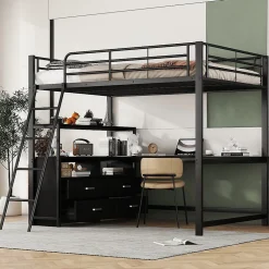 Lit Mezzanine 140x200 cm - Lit Double avec Bureau en L et Rangements Intégrés - Métal + MDF - Sans Matelas - Noir>Generique Outlet