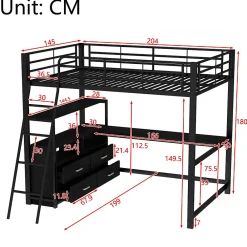 Lit Mezzanine 140x200 cm - Lit Double avec Bureau en L et Rangements Intégrés - Métal + MDF - Sans Matelas - Noir><noscript><img width=