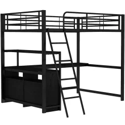 Lit Mezzanine 140x200 cm - Lit Double avec Bureau en L et Rangements Intégrés - Métal + MDF - Sans Matelas - Noir><noscript><img width=
