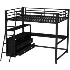 Lit Mezzanine 140x200 cm - Lit Double avec Bureau en L et Rangements Intégrés - Métal + MDF - Sans Matelas - Noir><noscript><img width=