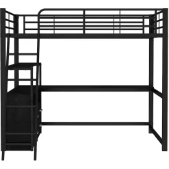 Lit Mezzanine 140x200 cm - Lit Double avec Bureau en L et Rangements Intégrés - Métal + MDF - Sans Matelas - Noir><noscript><img width=