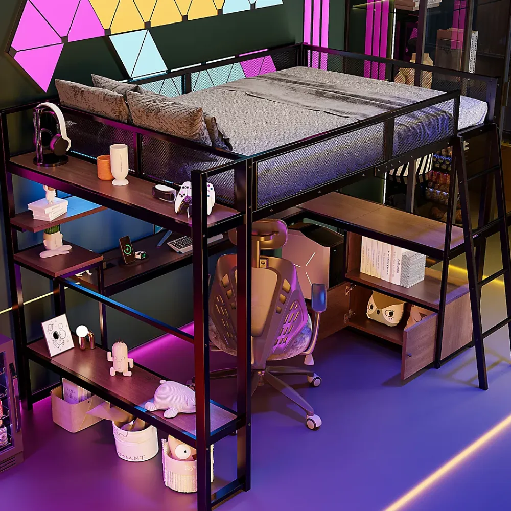 Okwish Lit Mezzanine 140x200 cm - Lit Double avec LED Intégrée et Bureau, Garde-Corps Sécurisé, sans Matelas - Métal Noir* Lit Mezzanine