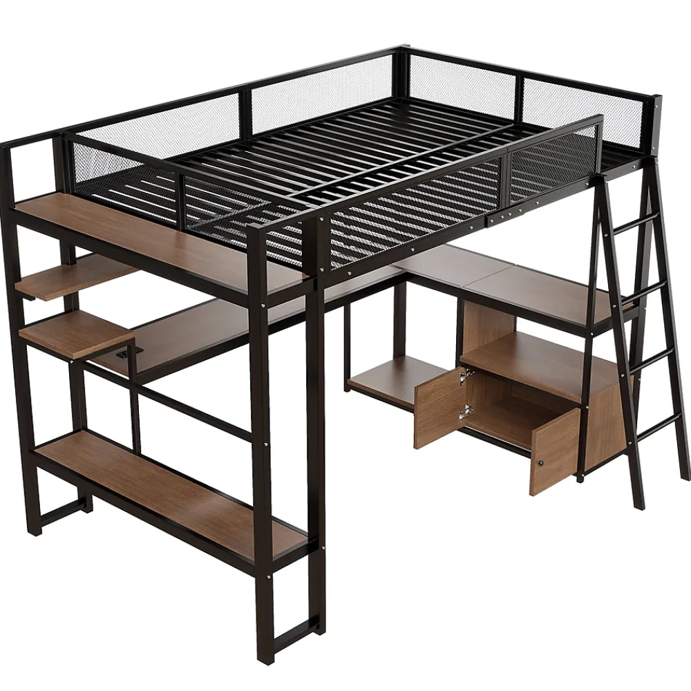 Okwish Lit Mezzanine 140x200 cm - Lit Double avec LED Intégrée et Bureau, Garde-Corps Sécurisé, sans Matelas - Métal Noir* Lit Mezzanine