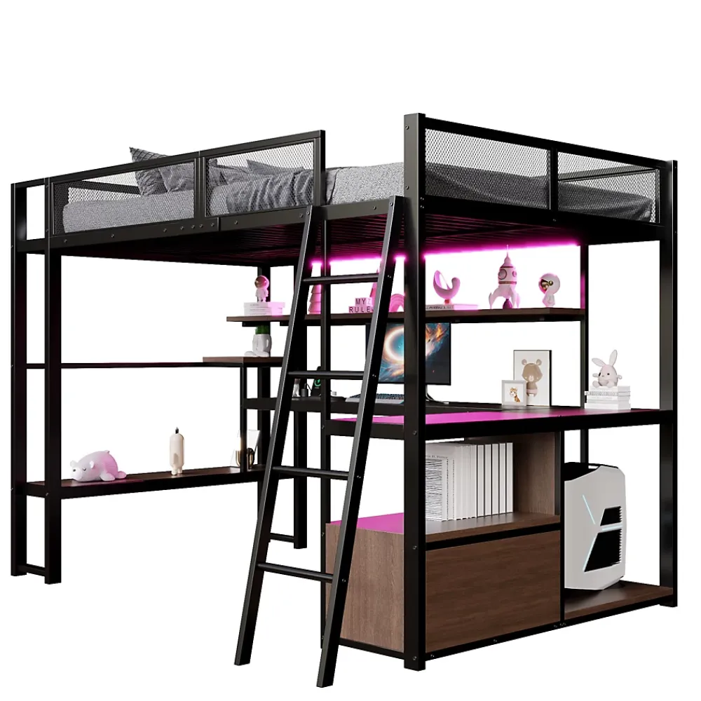 Okwish Lit Mezzanine 140x200 cm - Lit Double avec LED Intégrée et Bureau, Garde-Corps Sécurisé, sans Matelas - Métal Noir* Lit Mezzanine