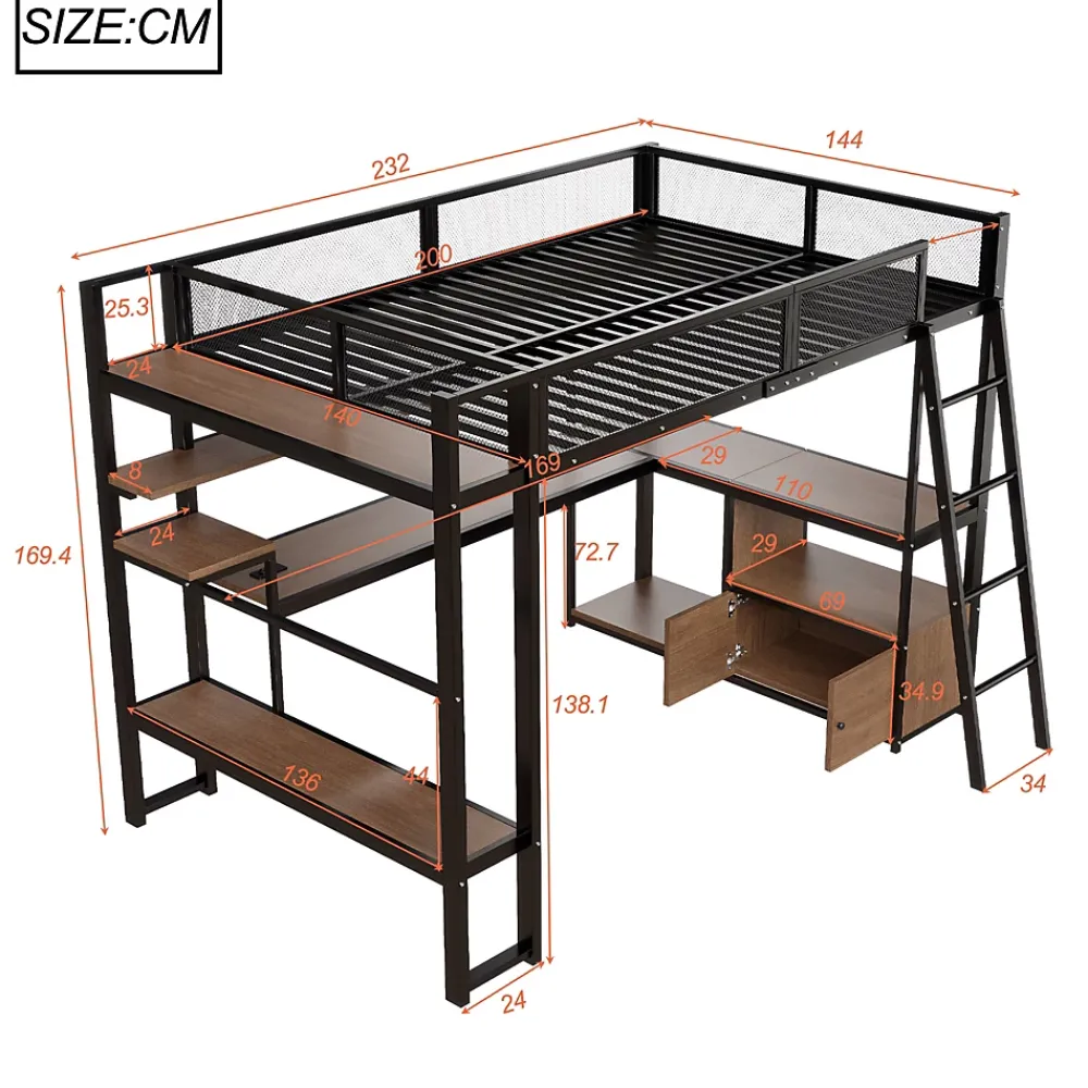 Okwish Lit Mezzanine 140x200 cm - Lit Double avec LED Intégrée et Bureau, Garde-Corps Sécurisé, sans Matelas - Métal Noir* Lit Mezzanine