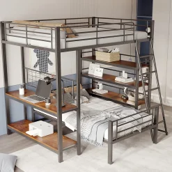 Okwish Lit mezzanine 140x200 cm - Lit double avec rangement multifonction, structure métal et MDF avec étagères - Sans matelas - Noir* Lit Mezzanine