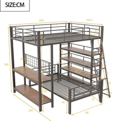 Okwish Lit mezzanine 140x200 cm - Lit double avec rangement multifonction, structure métal et MDF avec étagères - Sans matelas - Noir* Lit Mezzanine