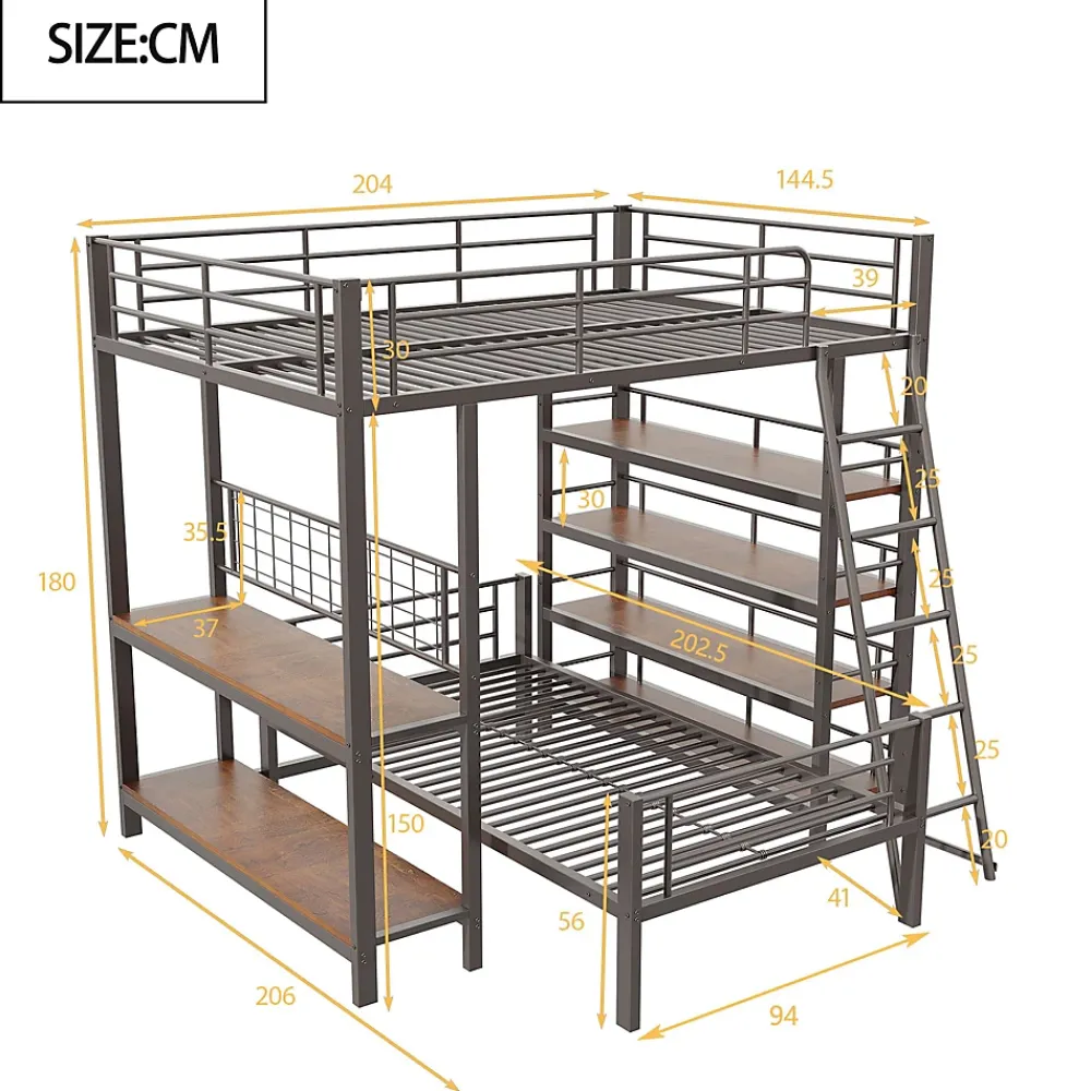 Okwish Lit mezzanine 140x200 cm - Lit double avec rangement multifonction, structure métal et MDF avec étagères - Sans matelas - Noir* Lit Mezzanine