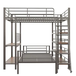 Okwish Lit mezzanine 140x200 cm - Lit double avec rangement multifonction, structure métal et MDF avec étagères - Sans matelas - Noir* Lit Mezzanine