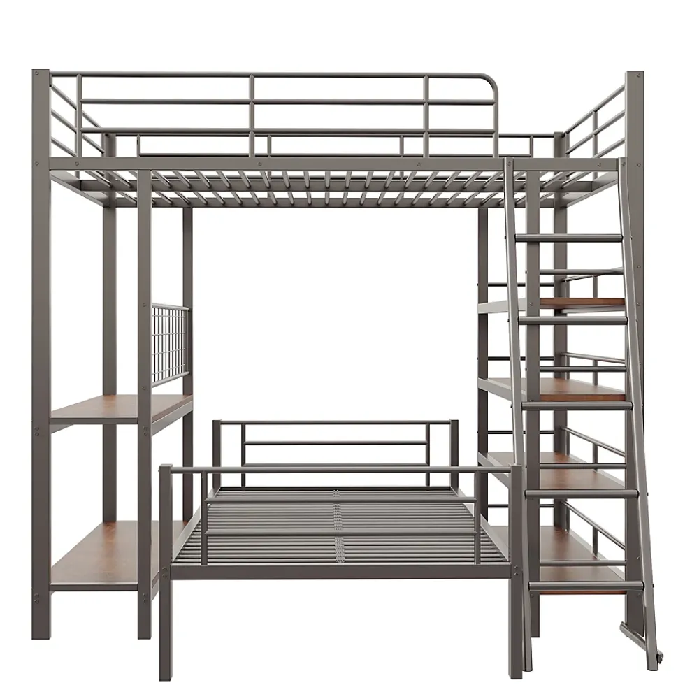 Okwish Lit mezzanine 140x200 cm - Lit double avec rangement multifonction, structure métal et MDF avec étagères - Sans matelas - Noir* Lit Mezzanine