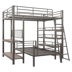 Okwish Lit mezzanine 140x200 cm - Lit double avec rangement multifonction, structure métal et MDF avec étagères - Sans matelas - Noir* Lit Mezzanine