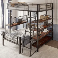 Okwish Lit mezzanine 140x200 cm - Lit double avec rangement multifonction, structure métal et MDF avec étagères - Sans matelas - Noir* Lit Mezzanine