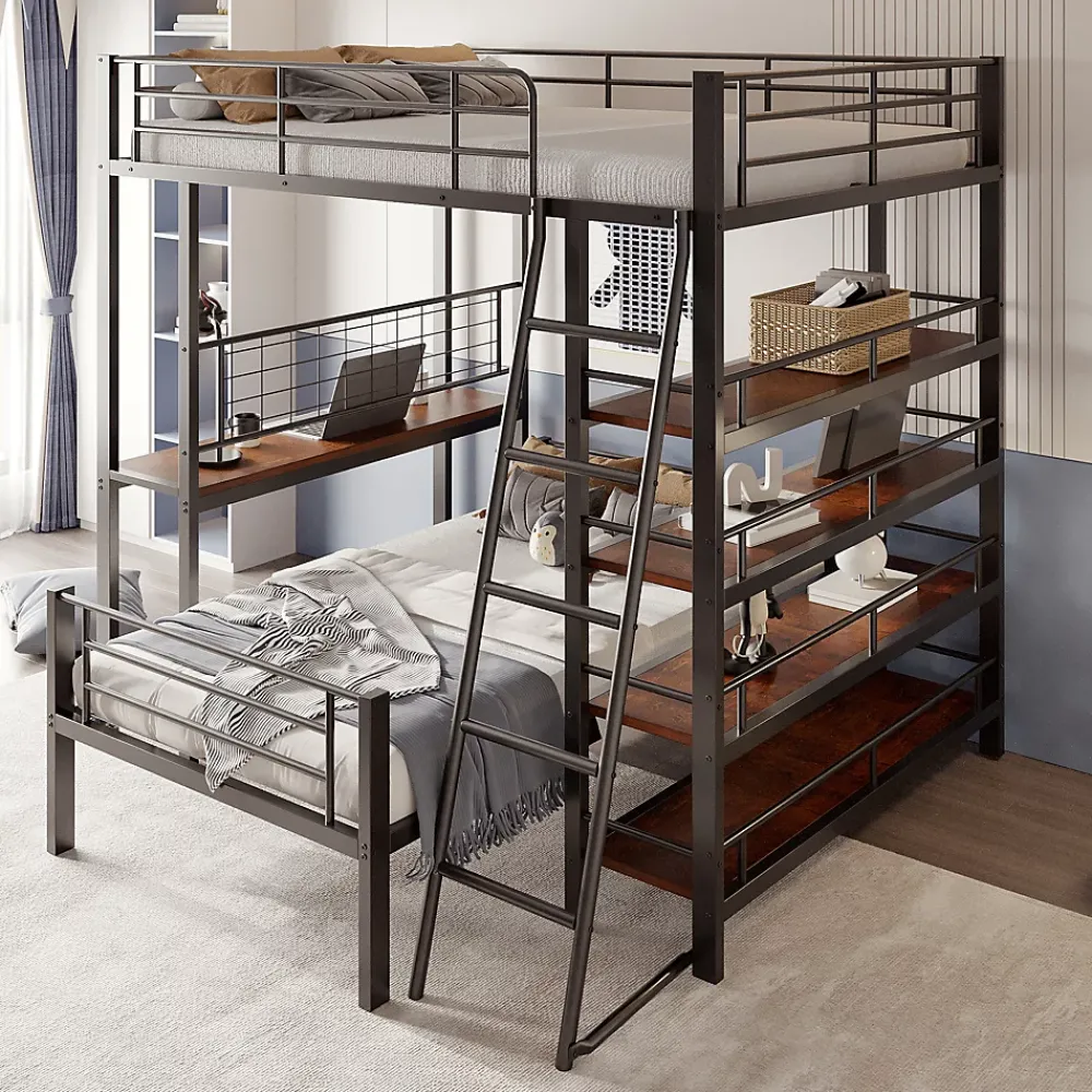 Okwish Lit mezzanine 140x200 cm - Lit double avec rangement multifonction, structure métal et MDF avec étagères - Sans matelas - Noir* Lit Mezzanine