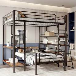 Okwish Lit mezzanine 140x200 cm - Lit double avec rangement multifonction, structure métal et MDF avec étagères - Sans matelas - Noir* Lit Mezzanine