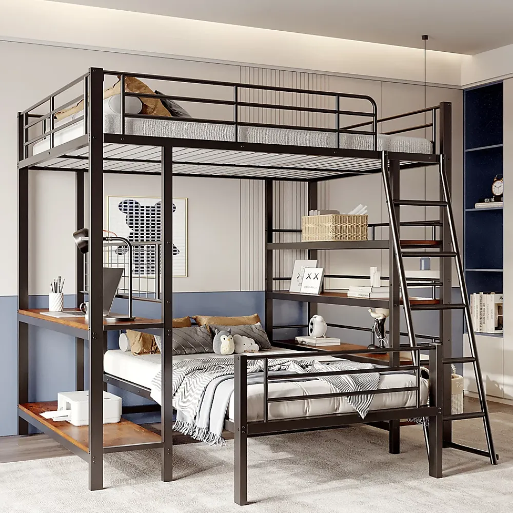 Okwish Lit mezzanine 140x200 cm - Lit double avec rangement multifonction, structure métal et MDF avec étagères - Sans matelas - Noir* Lit Mezzanine