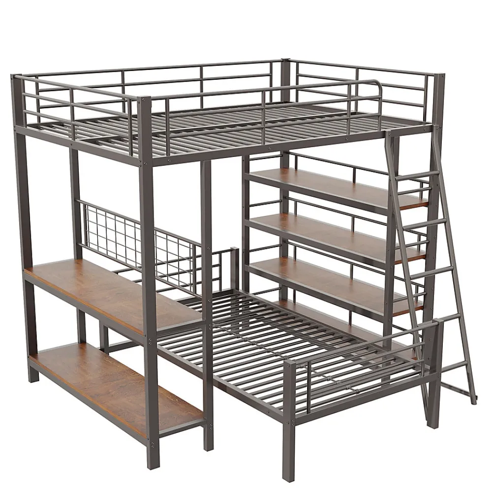 Okwish Lit mezzanine 140x200 cm - Lit double avec rangement multifonction, structure métal et MDF avec étagères - Sans matelas - Noir* Lit Mezzanine