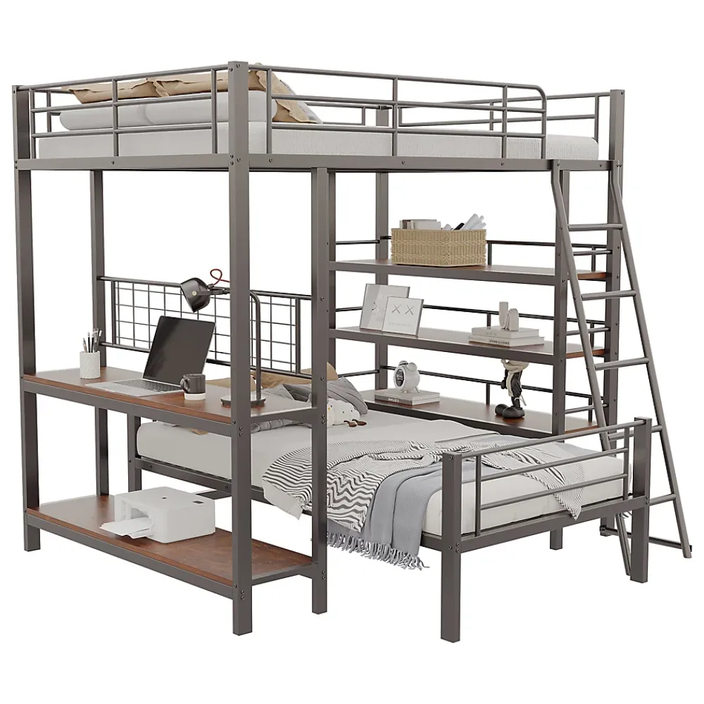 Okwish Lit mezzanine 140x200 cm - Lit double avec rangement multifonction, structure métal et MDF avec étagères - Sans matelas - Noir* Lit Mezzanine