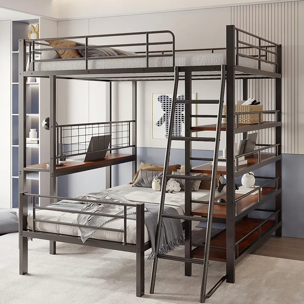 Okwish Lit mezzanine 140x200 cm - Lit double avec rangement multifonction, structure métal et MDF avec étagères - Sans matelas - Noir* Lit Mezzanine