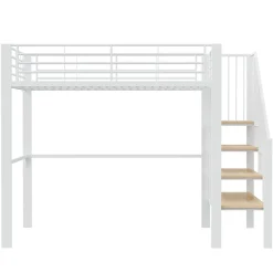 Okwish Lit mezzanine 140x200 cm - Lit double avec rangement et escalier, structure métallique robuste - Blanc - Sans matelas* Lit Mezzanine