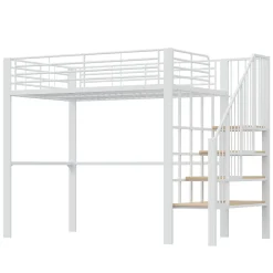 Okwish Lit mezzanine 140x200 cm - Lit double avec rangement et escalier, structure métallique robuste - Blanc - Sans matelas* Lit Mezzanine