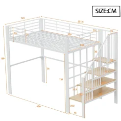 Okwish Lit mezzanine 140x200 cm - Lit double avec rangement et escalier, structure métallique robuste - Blanc - Sans matelas* Lit Mezzanine