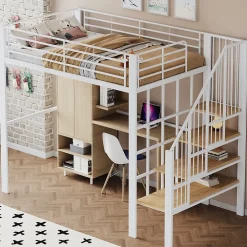 Okwish Lit mezzanine 140x200 cm - Lit double avec rangement et escalier, structure métallique robuste - Blanc - Sans matelas* Lit Mezzanine