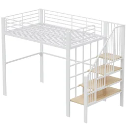 Okwish Lit mezzanine 140x200 cm - Lit double avec rangement et escalier, structure métallique robuste - Blanc - Sans matelas* Lit Mezzanine