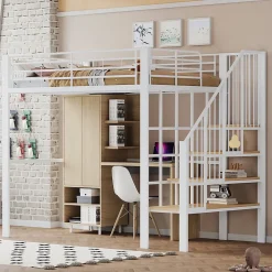 Okwish Lit mezzanine 140x200 cm - Lit double avec rangement et escalier, structure métallique robuste - Blanc - Sans matelas* Lit Mezzanine