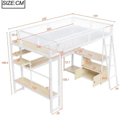 Okwish Lit Mezzanine 140x200 cm - Lit Double avec LED Intégrée et Bureau, Garde-Corps Sécurisé, sans Matelas - Métal Blanc* Lit Mezzanine