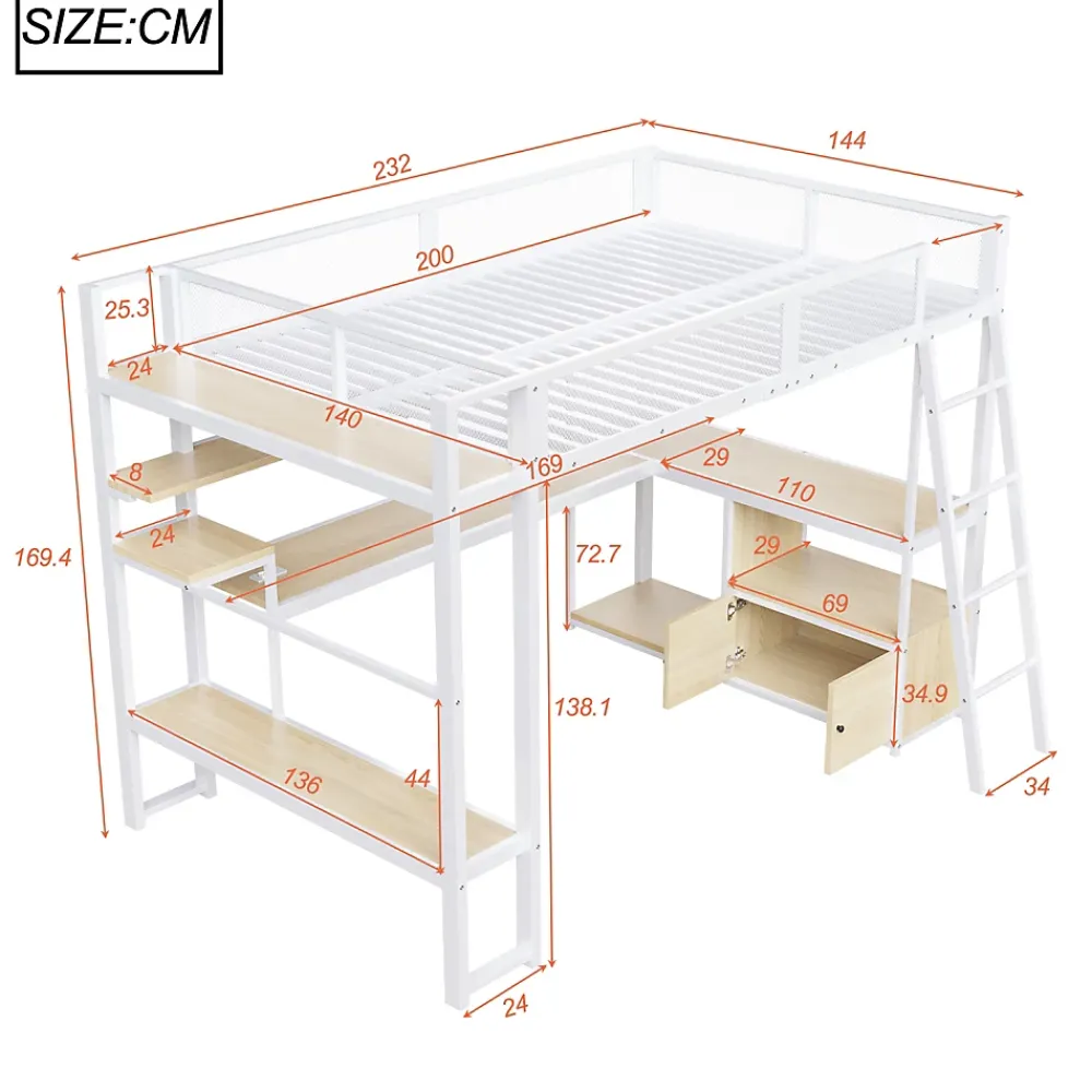 Okwish Lit Mezzanine 140x200 cm - Lit Double avec LED Intégrée et Bureau, Garde-Corps Sécurisé, sans Matelas - Métal Blanc* Lit Mezzanine