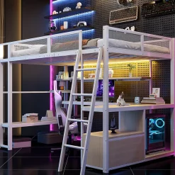 Okwish Lit Mezzanine 140x200 cm - Lit Double avec LED Intégrée et Bureau, Garde-Corps Sécurisé, sans Matelas - Métal Blanc* Lit Mezzanine