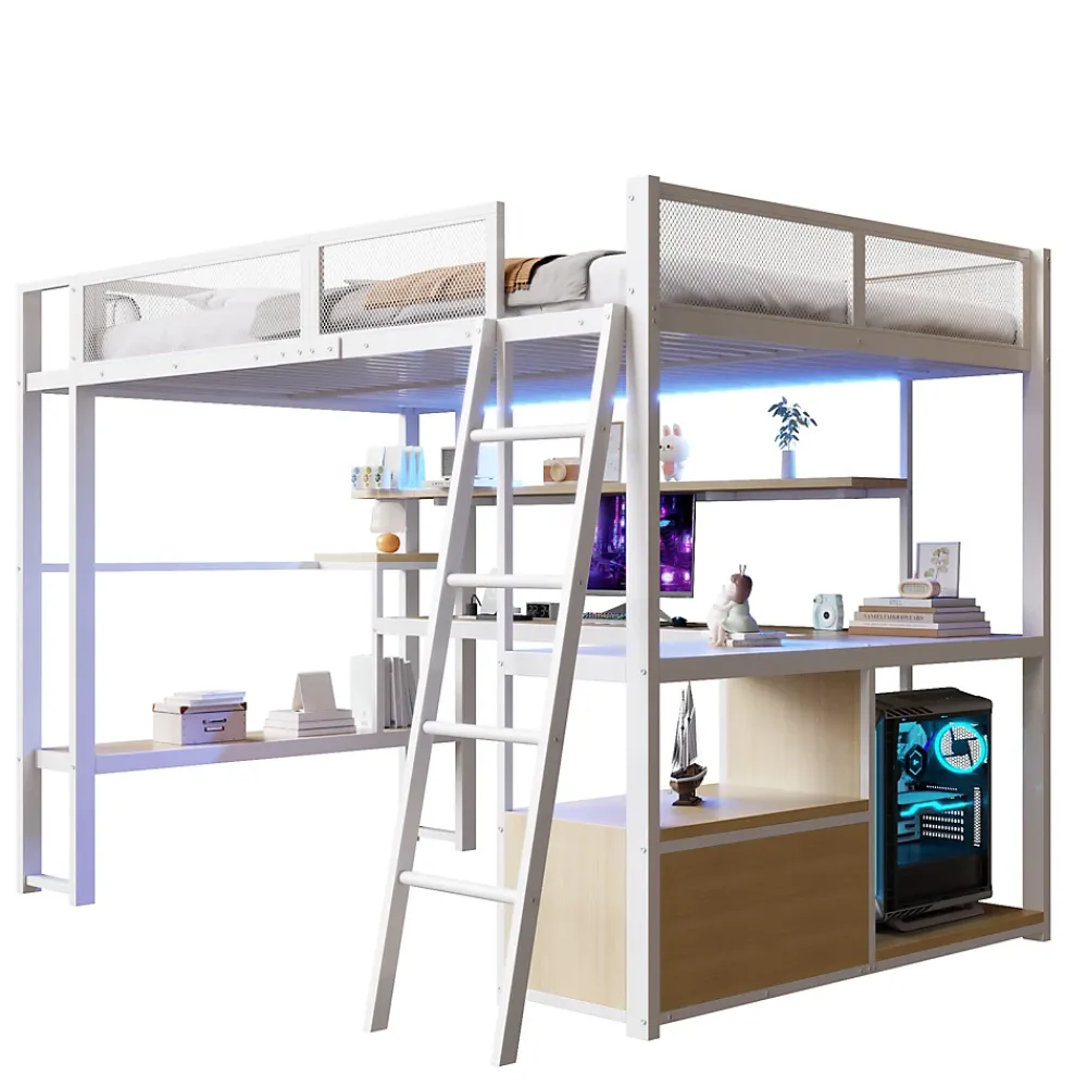 Okwish Lit Mezzanine 140x200 cm - Lit Double avec LED Intégrée et Bureau, Garde-Corps Sécurisé, sans Matelas - Métal Blanc* Lit Mezzanine