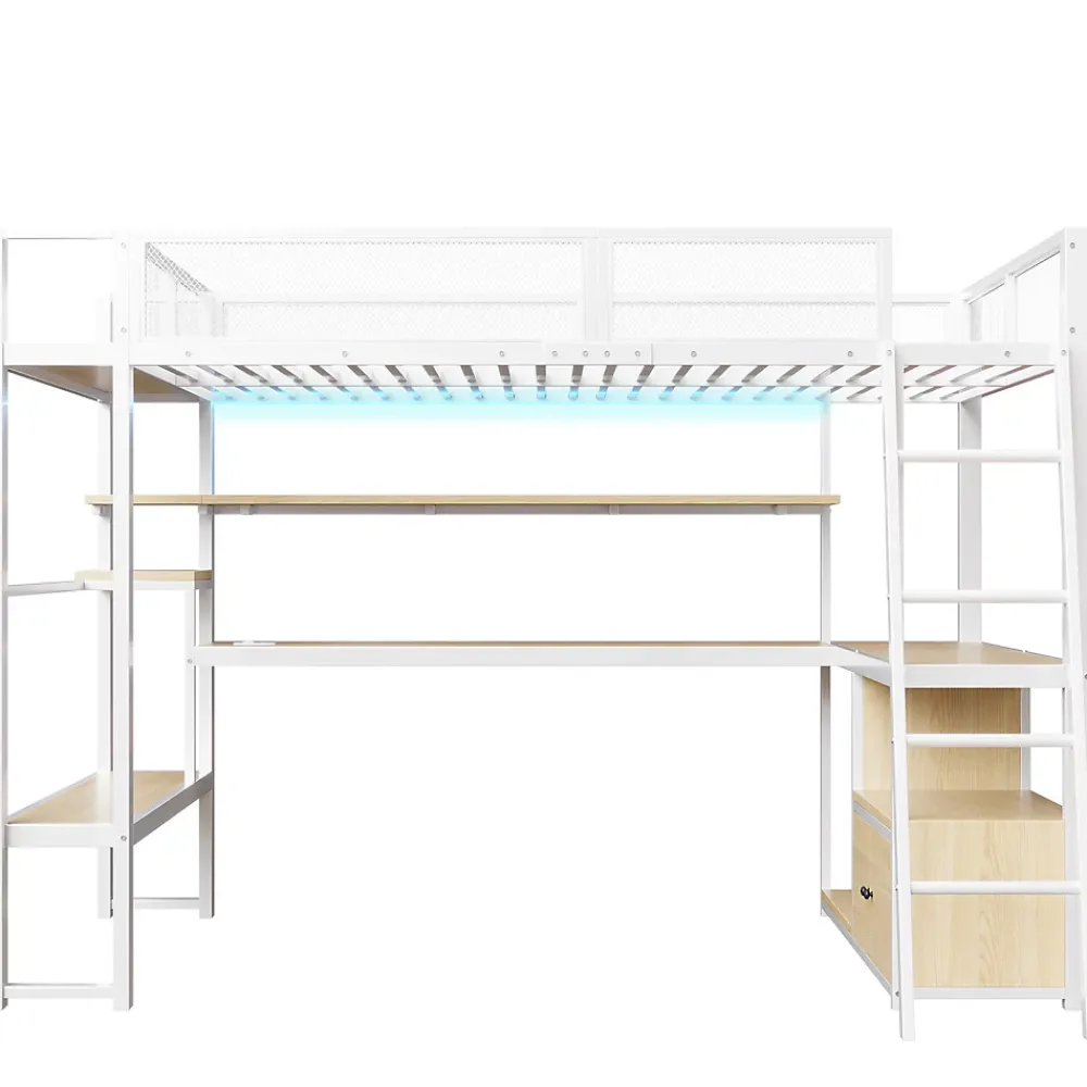 Okwish Lit Mezzanine 140x200 cm - Lit Double avec LED Intégrée et Bureau, Garde-Corps Sécurisé, sans Matelas - Métal Blanc* Lit Mezzanine