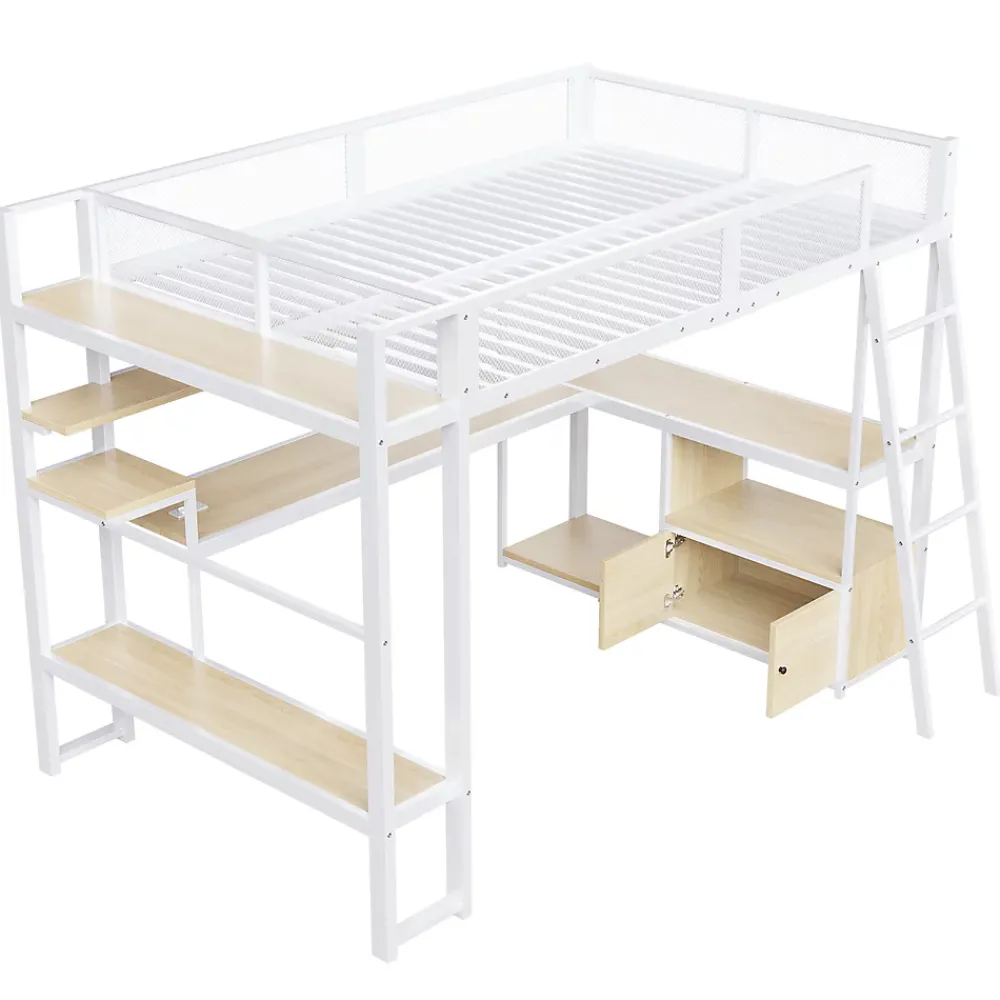 Okwish Lit Mezzanine 140x200 cm - Lit Double avec LED Intégrée et Bureau, Garde-Corps Sécurisé, sans Matelas - Métal Blanc* Lit Mezzanine