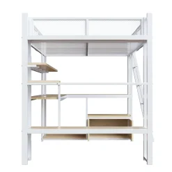 Okwish Lit Mezzanine 140x200 cm - Lit Double avec LED Intégrée et Bureau, Garde-Corps Sécurisé, sans Matelas - Métal Blanc* Lit Mezzanine
