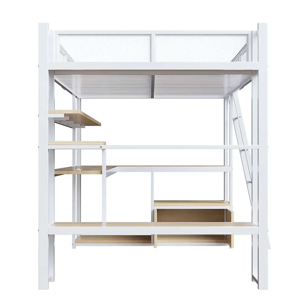 Okwish Lit Mezzanine 140x200 cm - Lit Double avec LED Intégrée et Bureau, Garde-Corps Sécurisé, sans Matelas - Métal Blanc* Lit Mezzanine