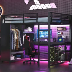 Lit mezzanine 140x200 cm - Lit double avec rangement - Métal - Montage requis - Noir>Okwish Online