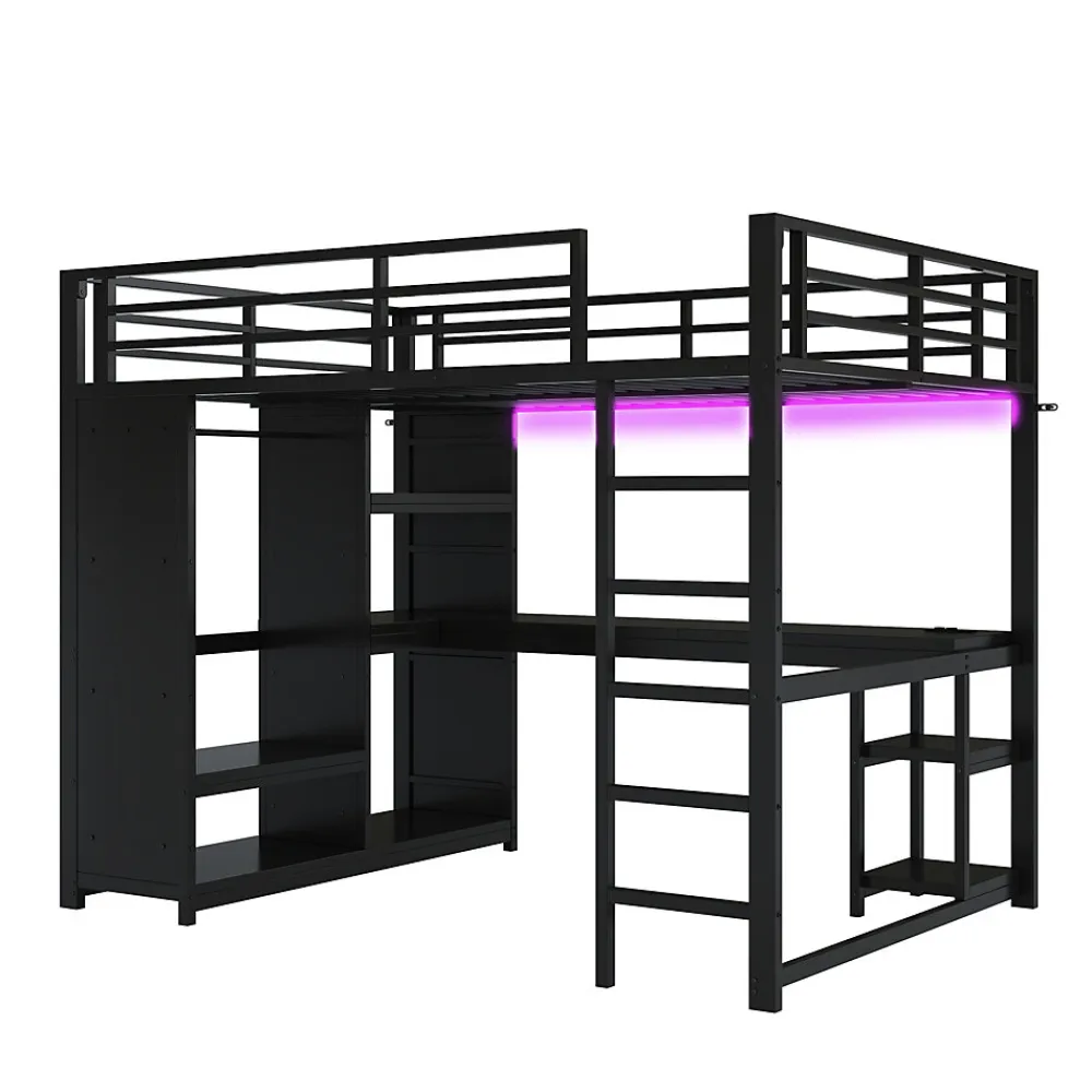 Lit mezzanine 140x200 cm - Lit double avec rangement - Métal - Montage requis - Noir>Okwish Online