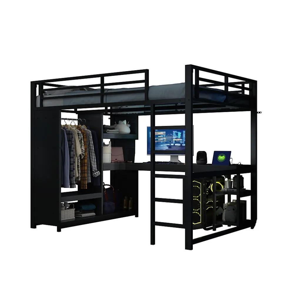 Lit mezzanine 140x200 cm - Lit double avec rangement - Métal - Montage requis - Noir>Okwish Online